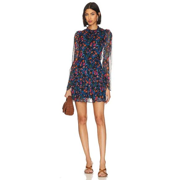 Saloni Womens Ava-B Mini Dress Puffed Long Sleeve Silk Flori Midnight Size 4 - Picture 1 of 11